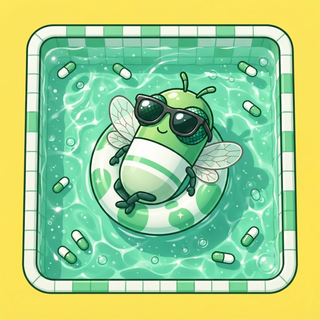 Pillfly wearing sunglasses and relaxing on a pool float