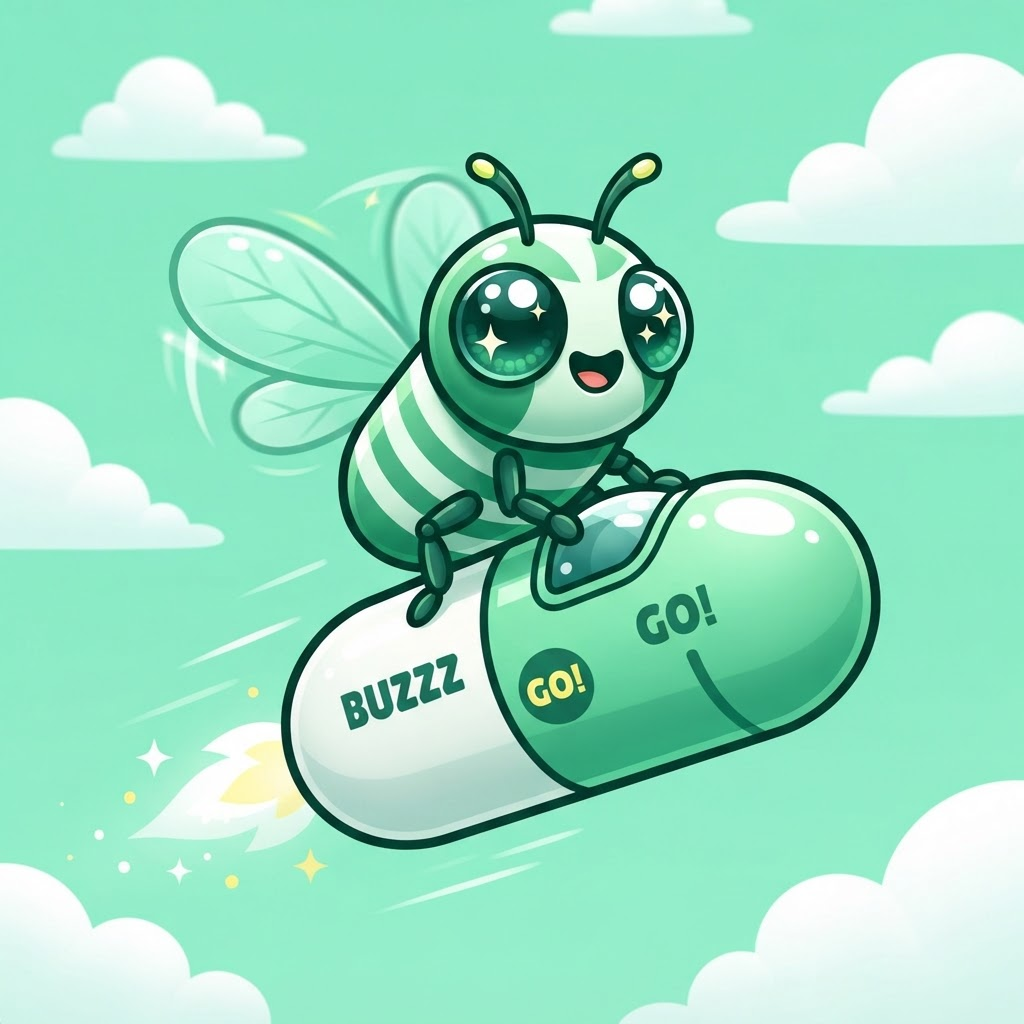 Pillfly riding a capsule rocket through mint-green clouds